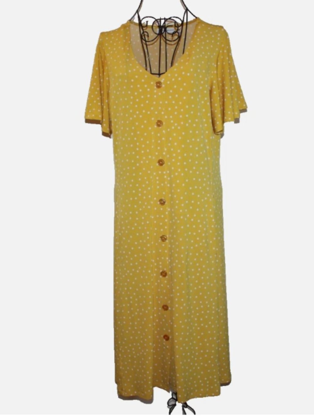 Yellow White Polka Dot Dress Button Front Side Pockets Sz M Susan Graver